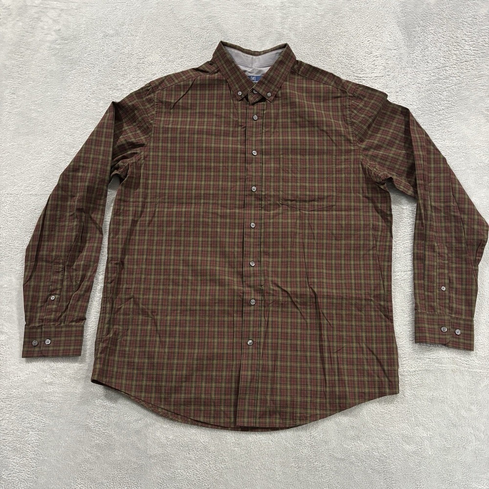 George Button Down Shirt Mens XLT 46-48 Plaid Flannel Classic Fit Normcore Brown
